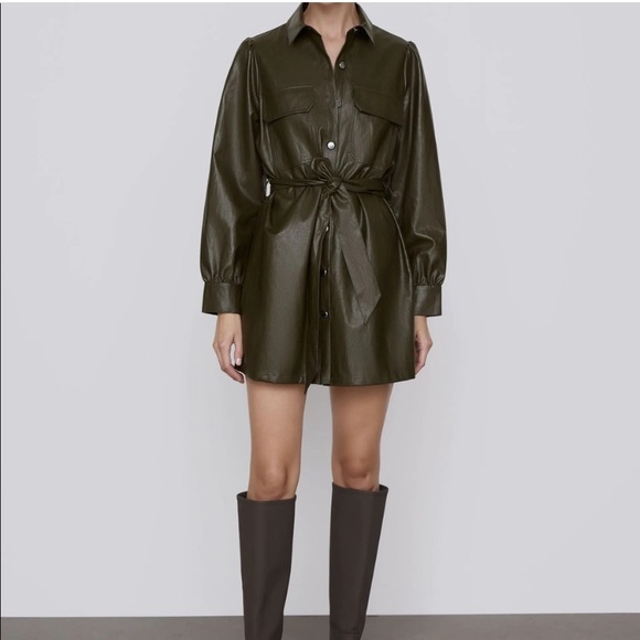 Zara Faux Leather Mini Dress Khaki - NWT - Picture 13 of 14